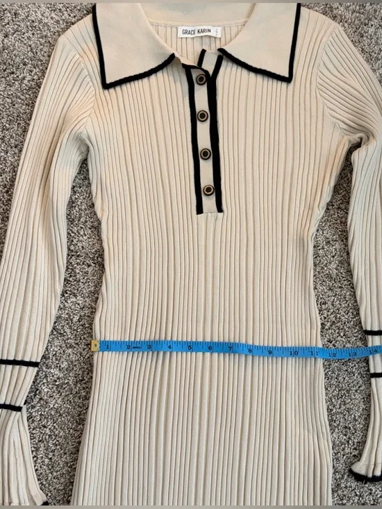 Grace Karin Cream Ribbed Polo-Collar Midi Dress with Contrast Trim - Picture 5 of 6